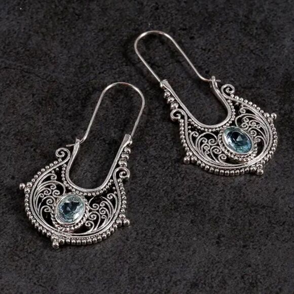 Blue Zircon Sterling Silver Boho Ethnic Earrings - Picture 3 of 7